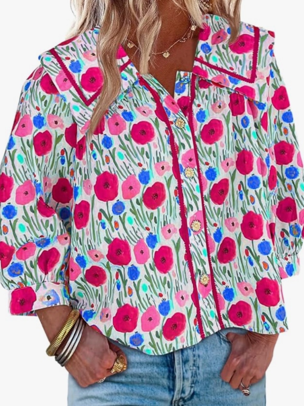 Cicy Bell Womens Floral Button Down Shirts Casual 3/4 Sleeve Blouses